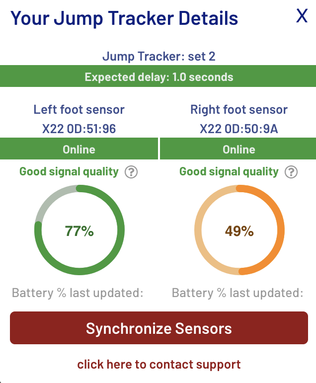Connectivity details in the app showing sensor status and signal quality
